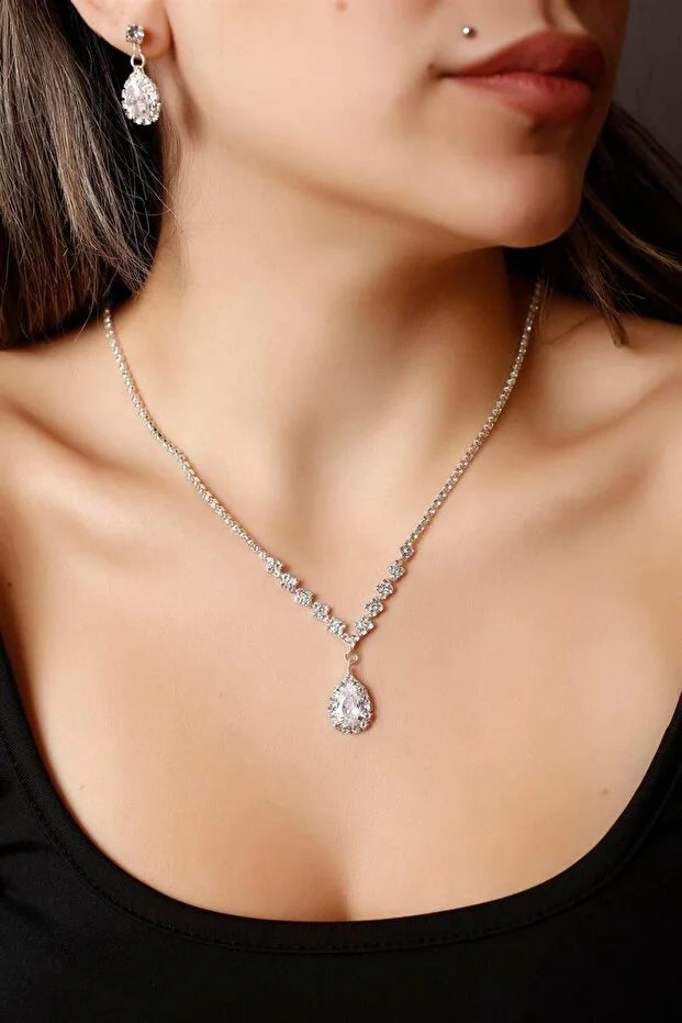 Diamond-Look Waterway Zircon Stone 3-Piece Set Necklace Earrings Bracelet VIP Evening Wear Engagement