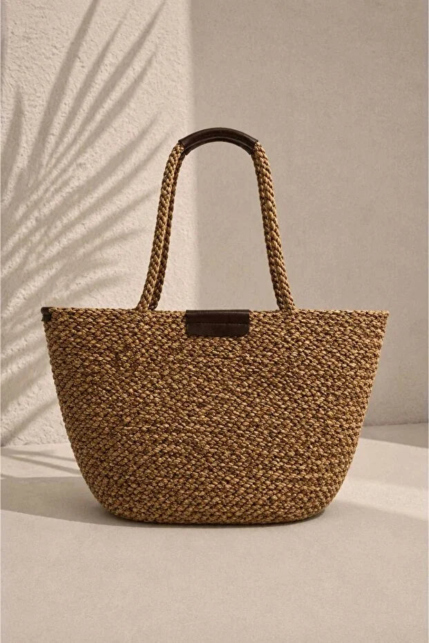 Women's Brown Large Size Beach Bag with Straw Magnet Closure