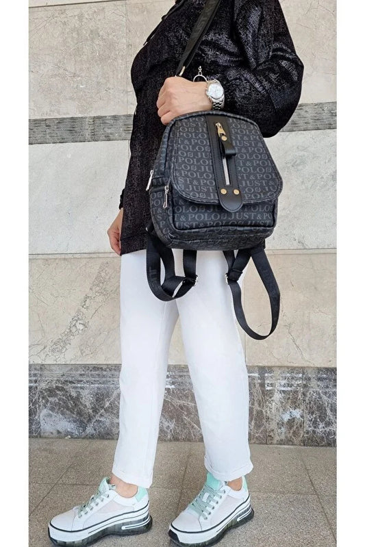 Just Polo Women's Monogram Printed Backpack and Shoulder Bag for Daily Use