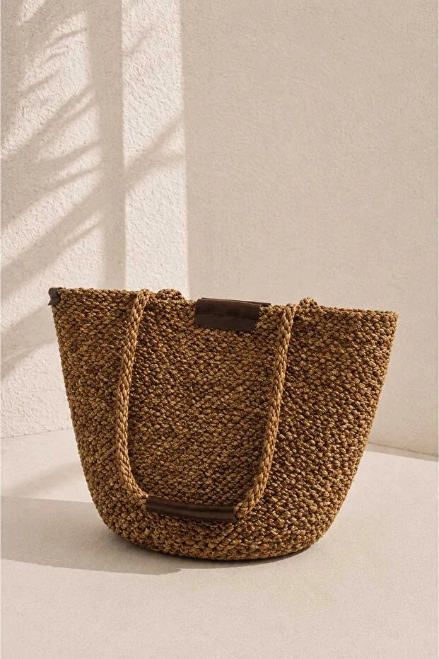 Women's Brown Large Size Beach Bag with Straw Magnet Closure