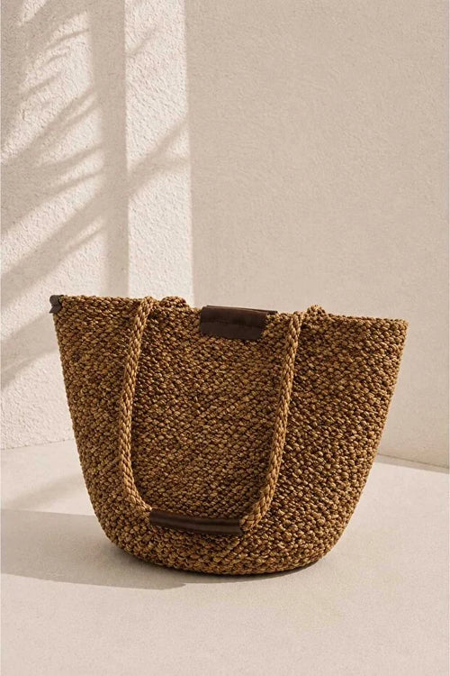 Women's Brown Large Size Beach Bag with Straw Magnet Closure