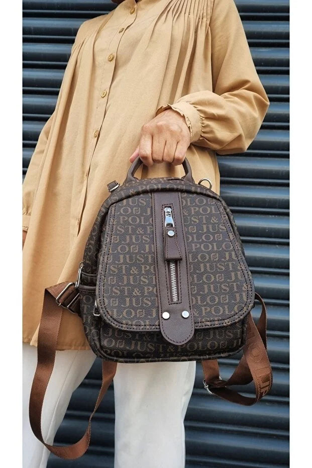 Just Polo Women's Monogram Printed Backpack and Shoulder Bag for Daily Use