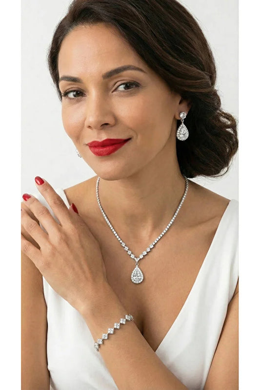 Diamond-Look Waterway Zircon Stone 3-Piece Set Necklace Earrings Bracelet VIP Evening Wear Engagement