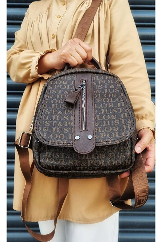 Just Polo Women's Monogram Printed Backpack and Shoulder Bag for Daily Use