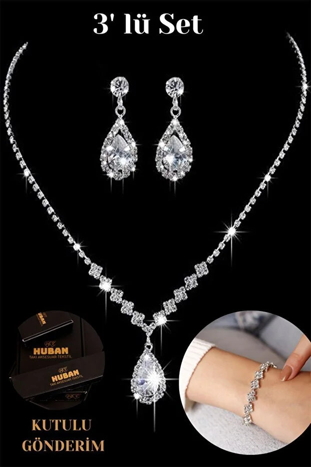 Diamond-Look Waterway Zircon Stone 3-Piece Set Necklace Earrings Bracelet VIP Evening Wear Engagement