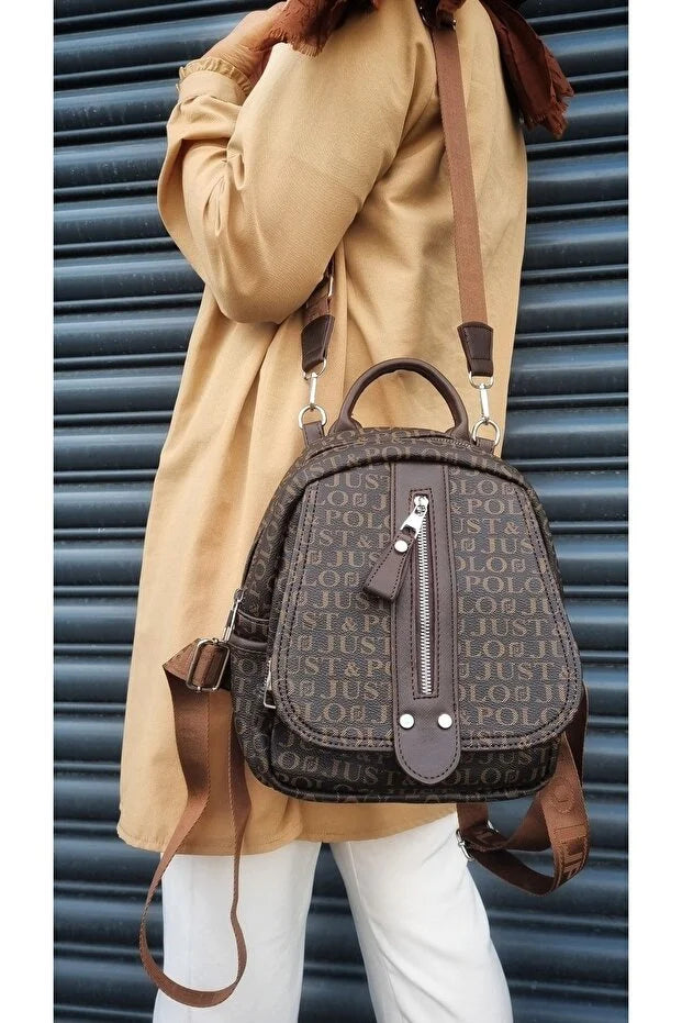 Just Polo Women's Monogram Printed Backpack and Shoulder Bag for Daily Use