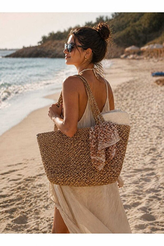 Women's Brown Large Size Beach Bag with Straw Magnet Closure